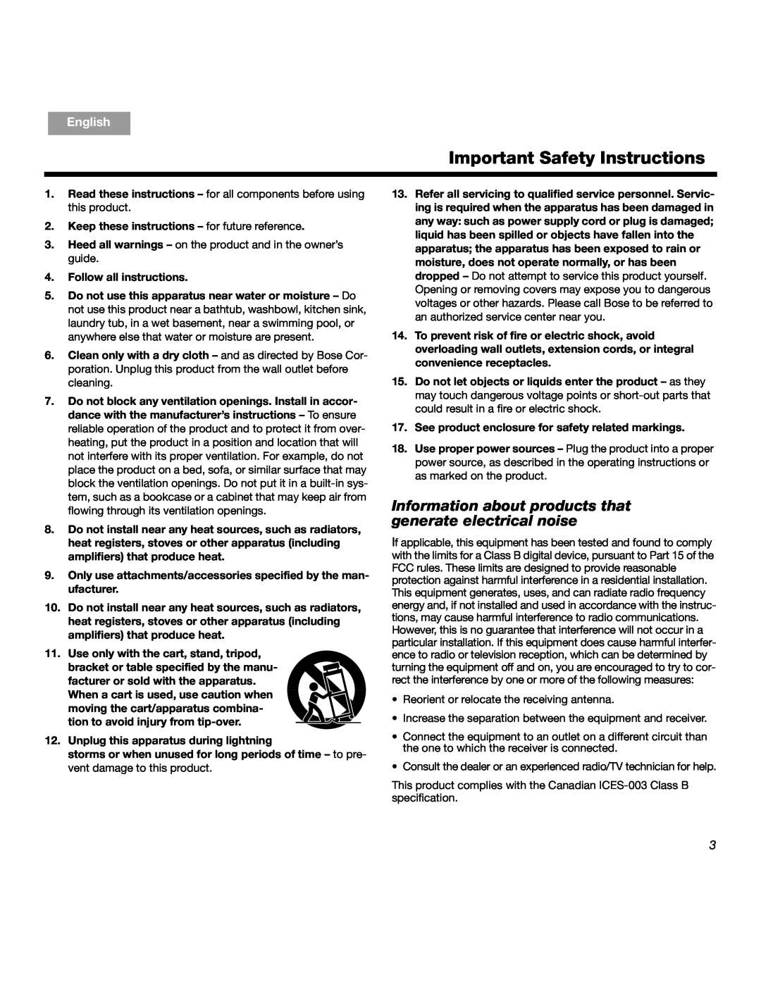 Bose SOUNDDOCKTM Important Safety Instructions, English, Dansk, Deutsch, Español, Français, Italiano, Nederlands, Svenska 