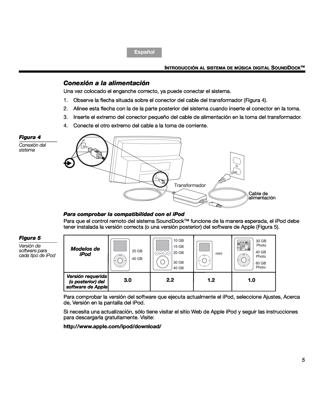 Bose SOUNDDOCKTM manual Conexión a la alimentación, Para comprobar la compatibilidad con el iPod, Modelos de iPod, Español 
