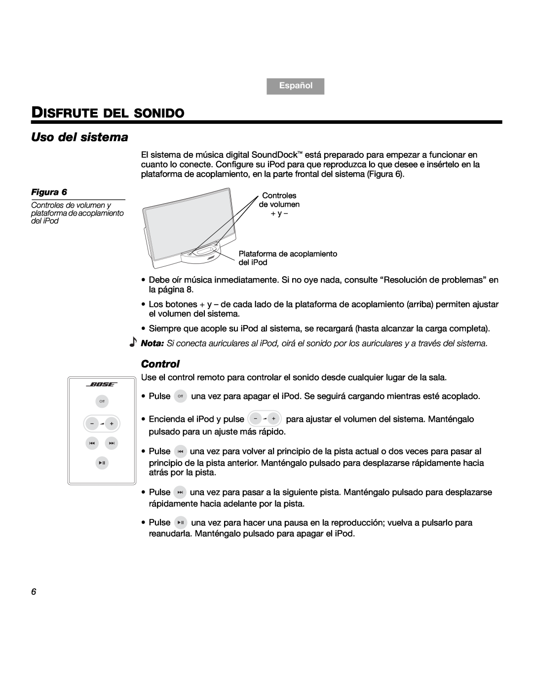 Bose SOUNDDOCKTM manual Disfrute Del Sonido, Uso del sistema, Control, Deutsch Dansk English, Español, Figura 
