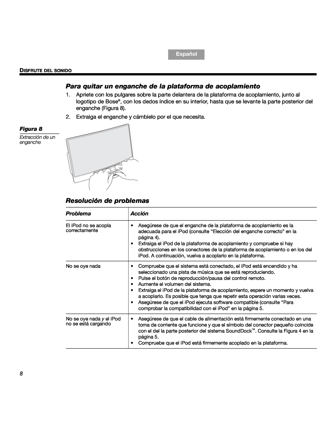 Bose SOUNDDOCKTM manual Resolución de problemas, Problema, Acción, Español, Figura 