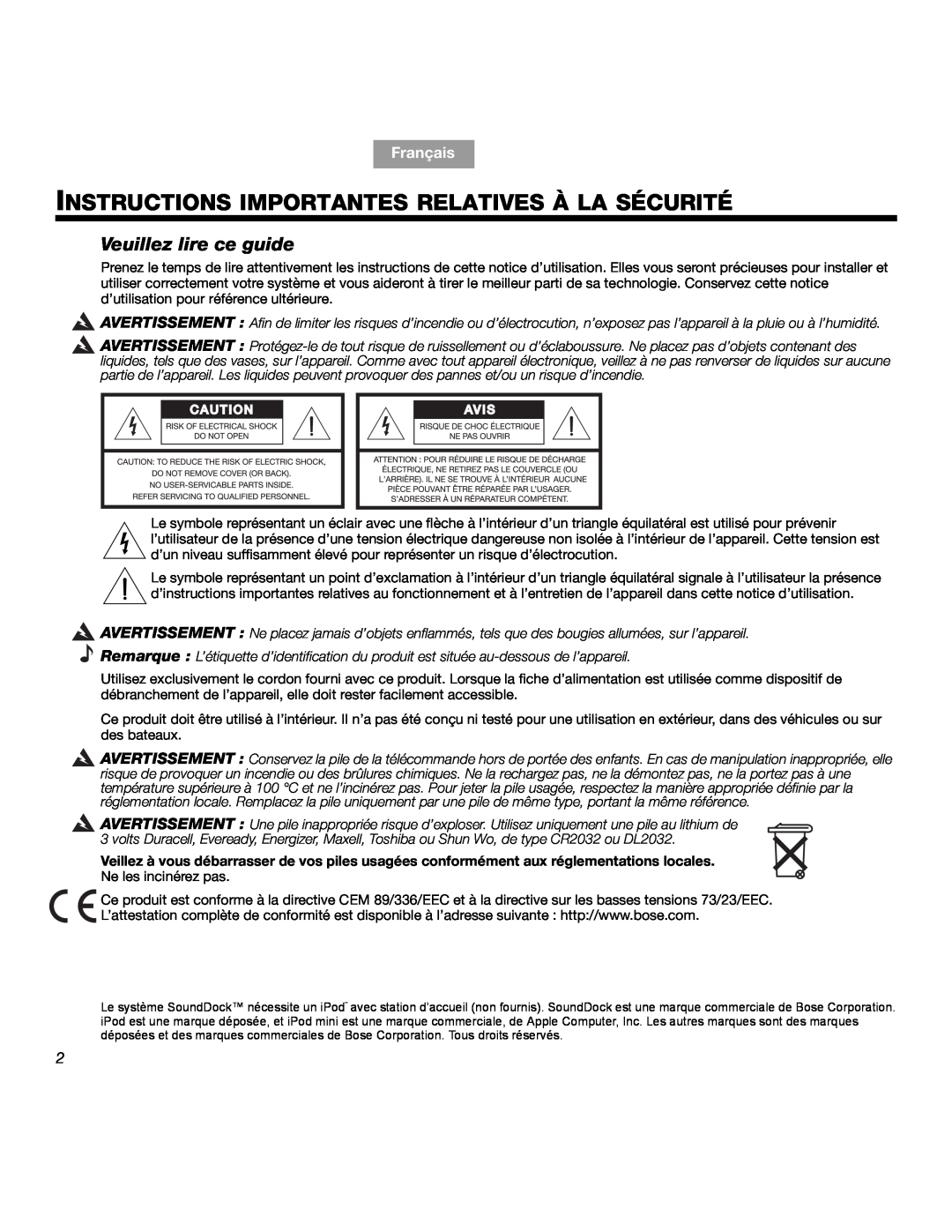 Bose SOUNDDOCKTM manual Instructions Importantes Relatives À La Sécurité, Veuillez lire ce guide, Français 