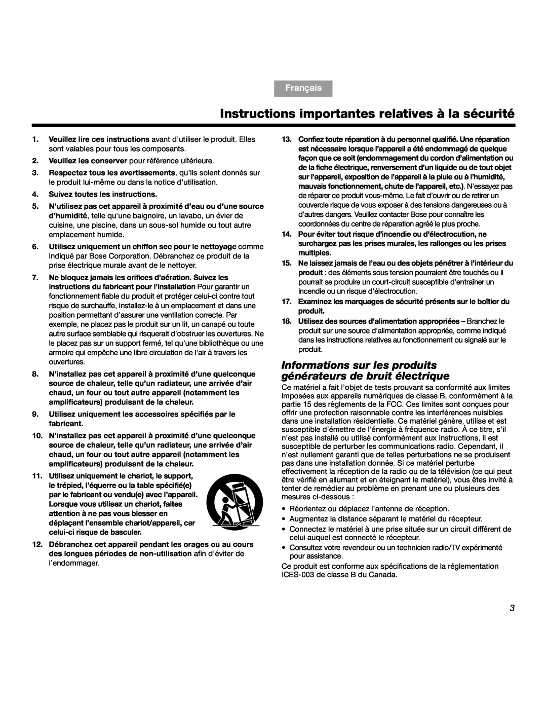Bose SOUNDDOCKTM manual Instructions importantes relatives à la sécurité, Français 