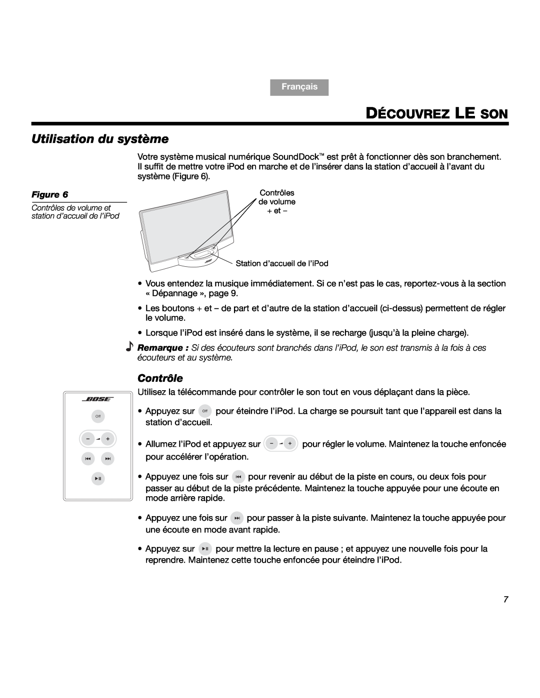 Bose SOUNDDOCKTM manual Découvrez Le Son, Utilisation du système, Contrôle, Français, Figure 