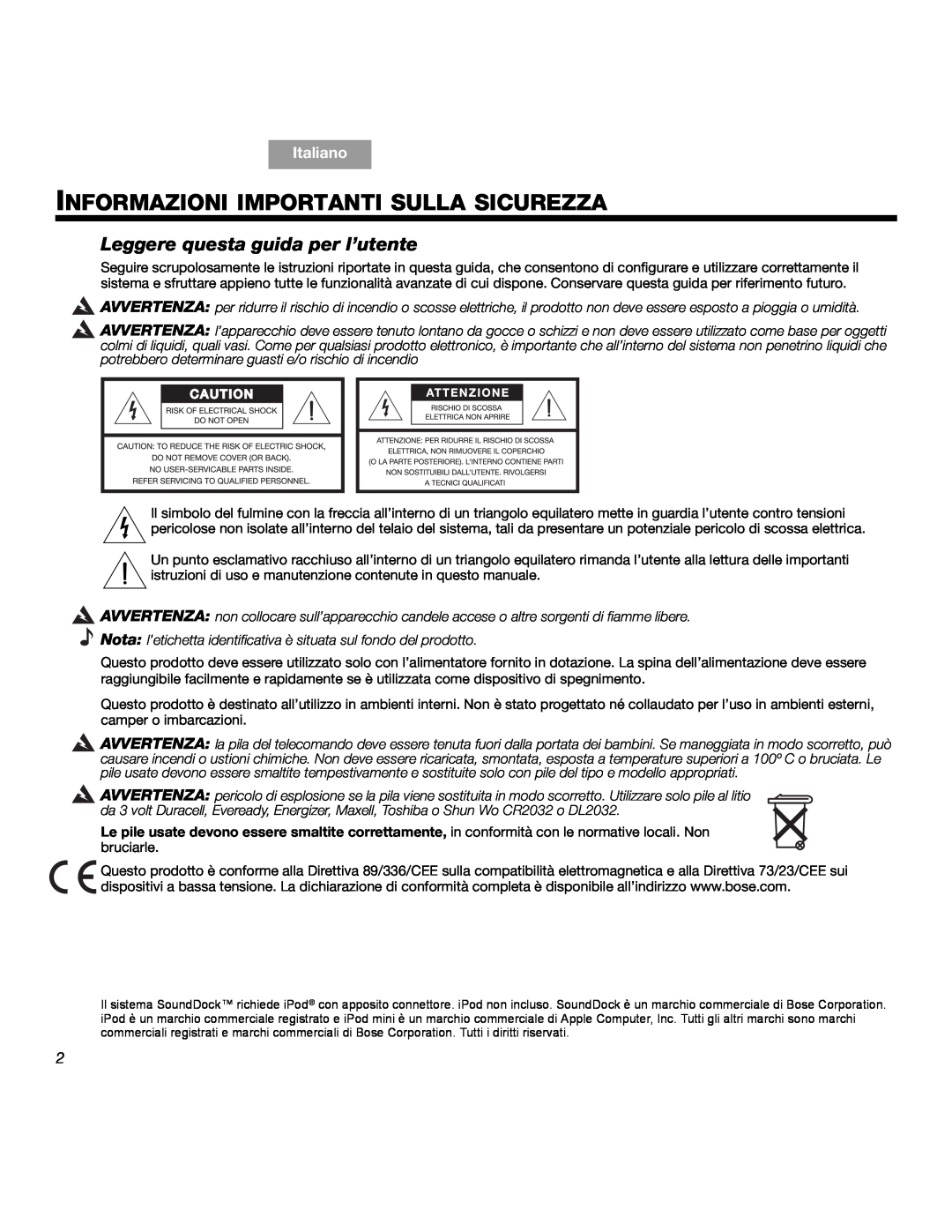 Bose SOUNDDOCKTM manual Informazioni Importanti Sulla Sicurezza, Leggere questa guida per l’utente, Italiano 