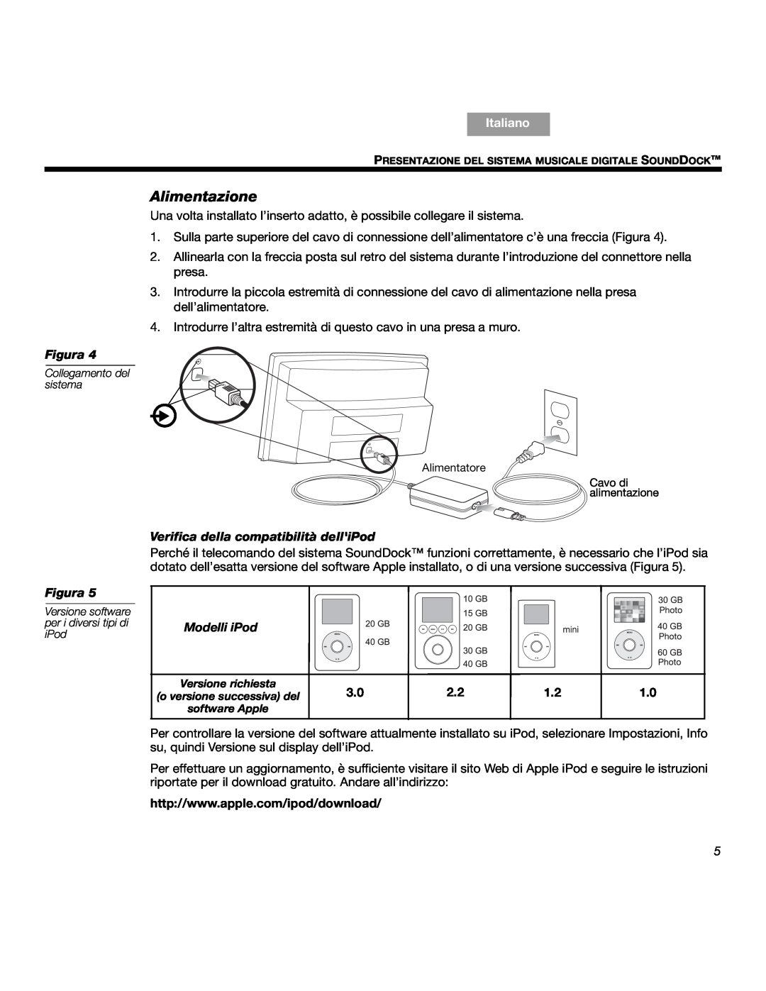 Bose SOUNDDOCKTM manual Alimentazione, Verifica della compatibilità delliPod, Modelli iPod, Italiano, Figura 