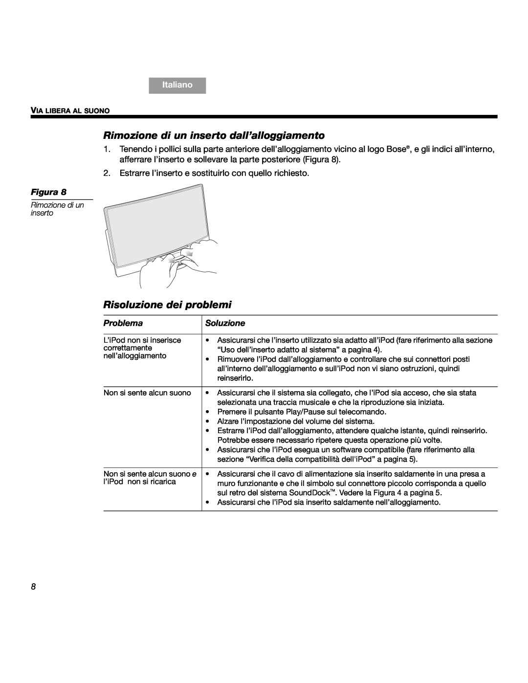 Bose SOUNDDOCKTM manual Rimozione di un inserto dall’alloggiamento, Risoluzione dei problemi, Soluzione, Italiano, Figura 