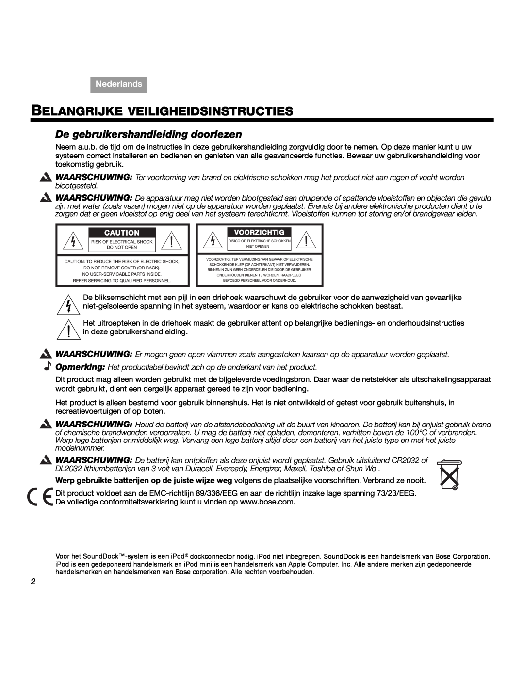 Bose SOUNDDOCKTM manual Belangrijke Veiligheidsinstructies, De gebruikershandleiding doorlezen, Nederlands 