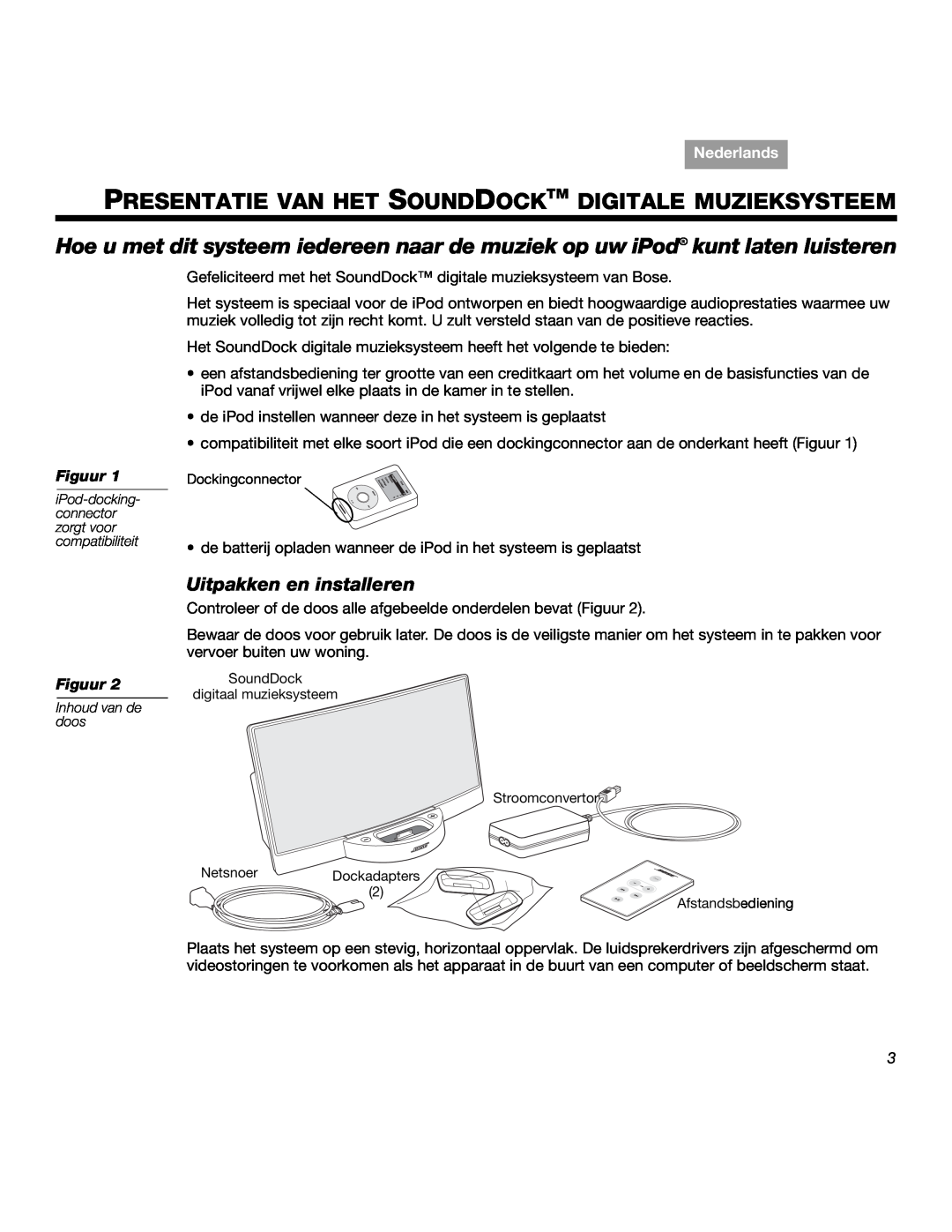 Bose SOUNDDOCKTM manual Uitpakken en installeren, Figuur, Nederlands 
