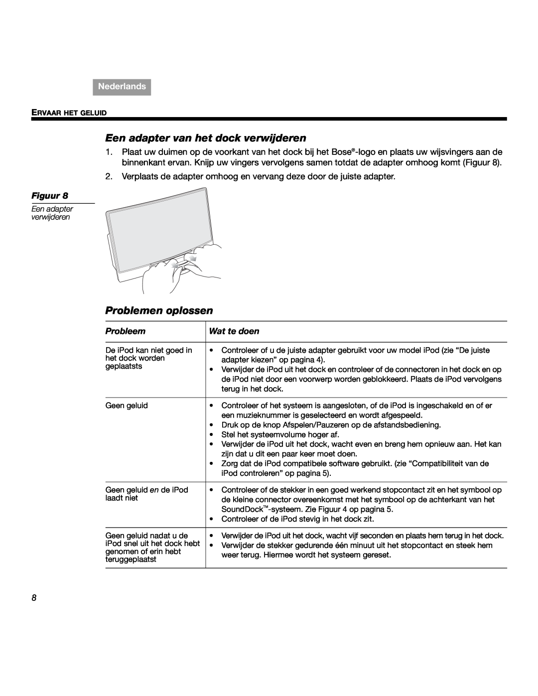 Bose SOUNDDOCKTM manual Een adapter van het dock verwijderen, Problemen oplossen, Probleem, Wat te doen, Nederlands, Figuur 
