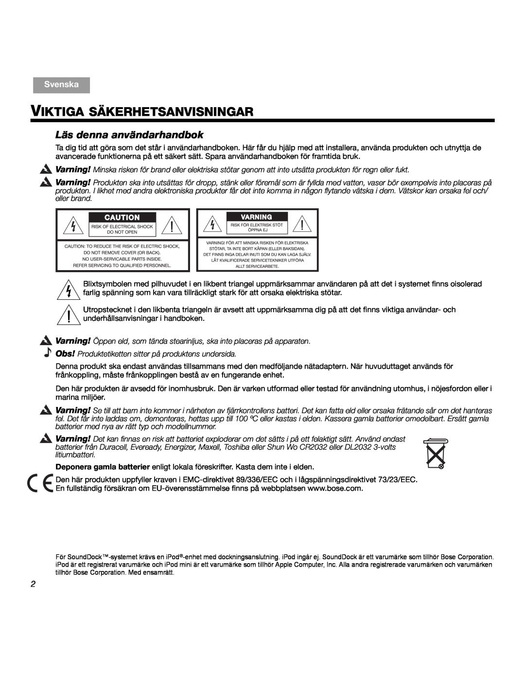 Bose SOUNDDOCKTM manual Viktiga Säkerhetsanvisningar, Läs denna användarhandbok, Svenska 