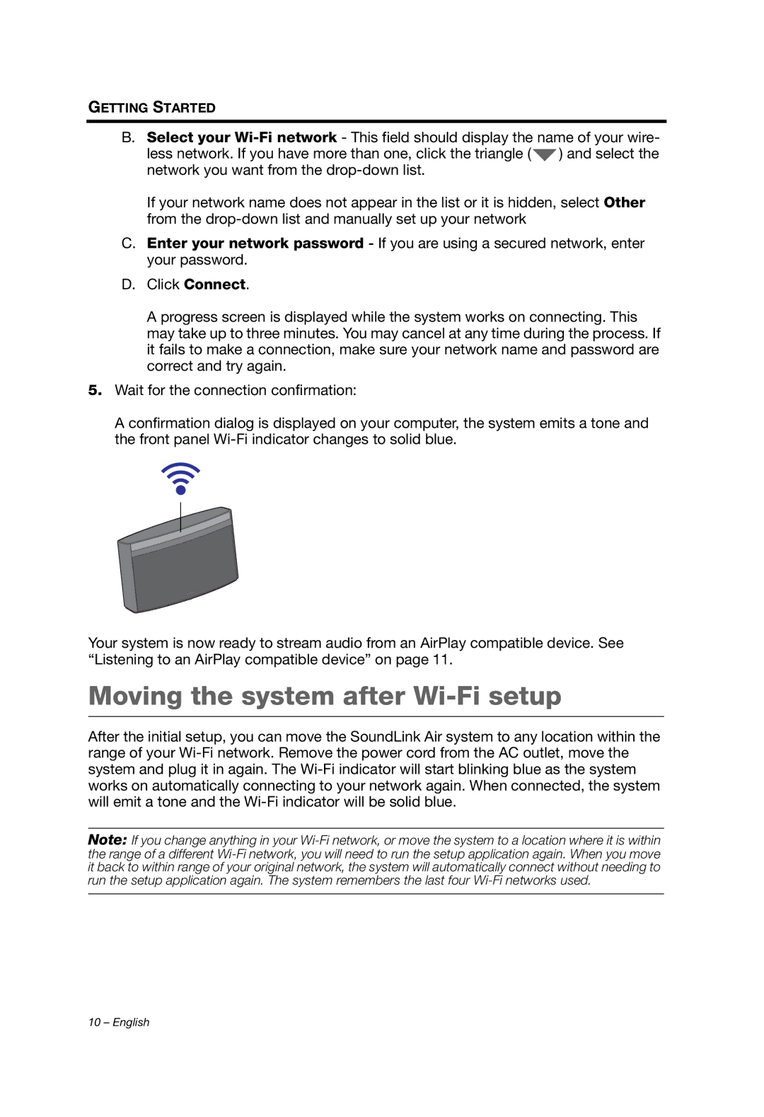 Bose SOUNDLINK AIR manual Moving the system after Wi-Fi setup 