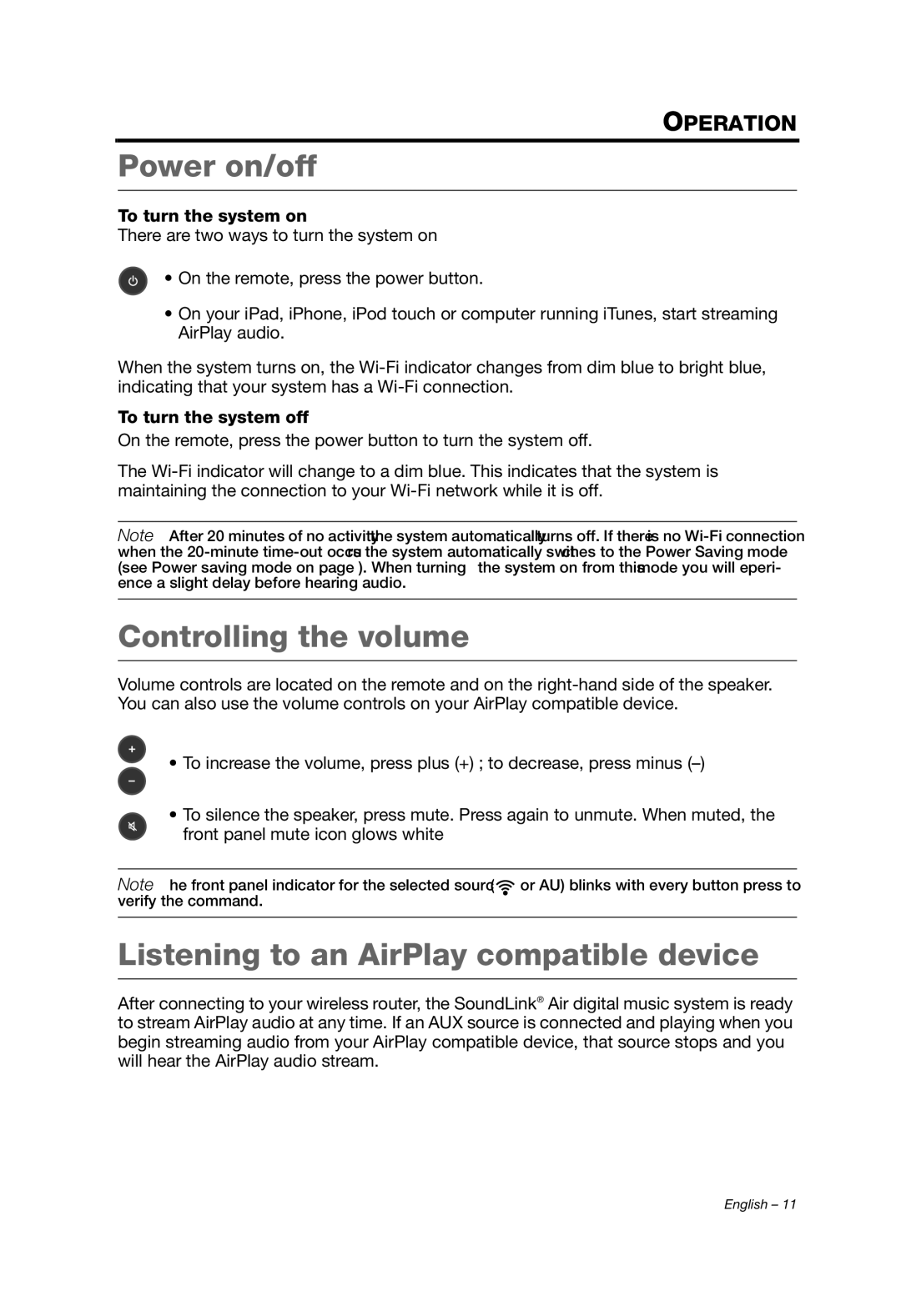 Bose SOUNDLINK AIR Power on/off, Controlling the volume, Listening to an AirPlay compatible device, To turn the system on 