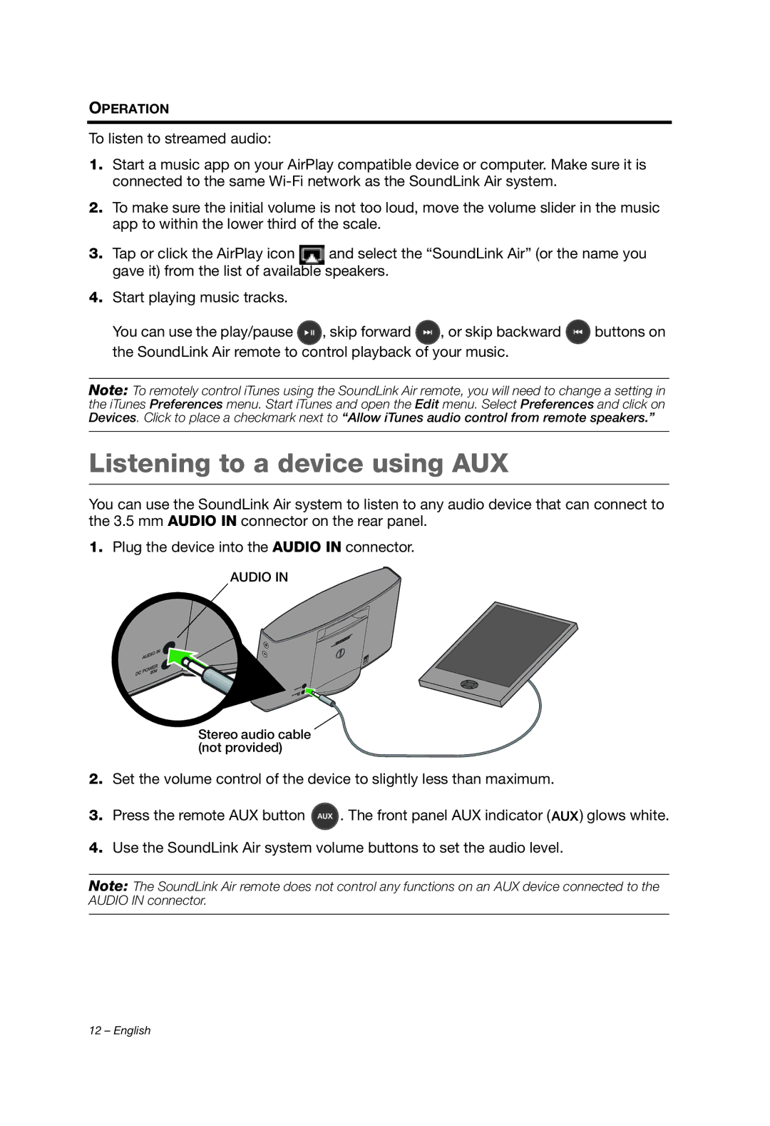 Bose SOUNDLINK AIR manual Listening to a device using AUX 