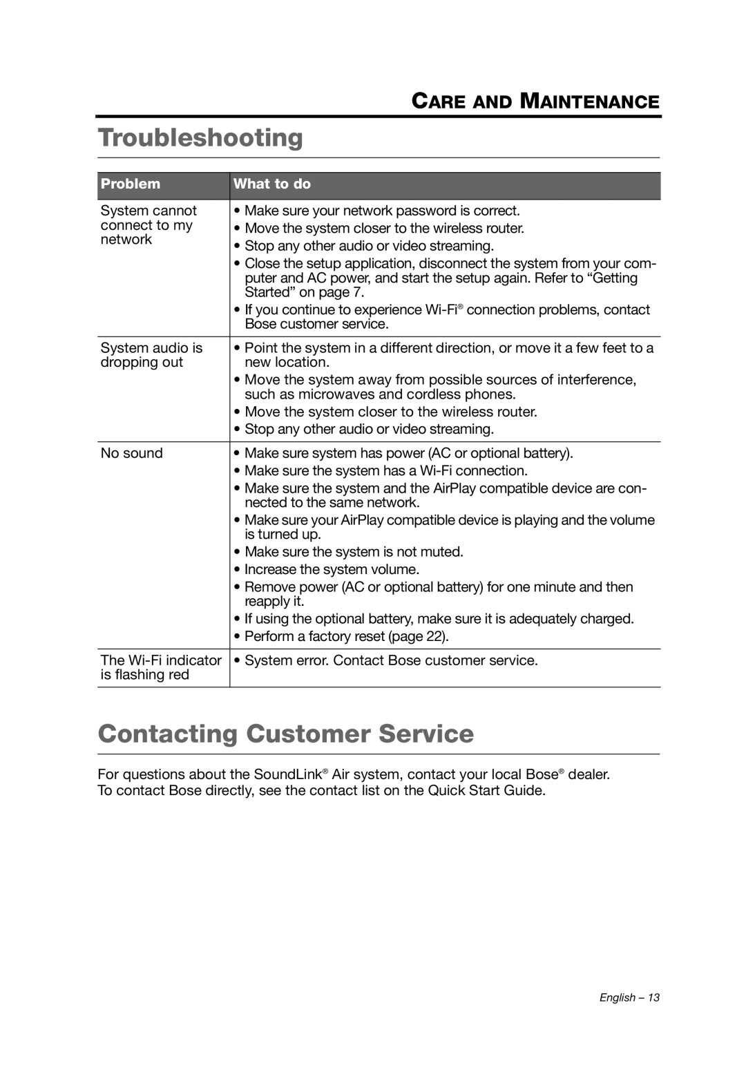 Bose SOUNDLINK AIR manual Troubleshooting, Contacting Customer Service 