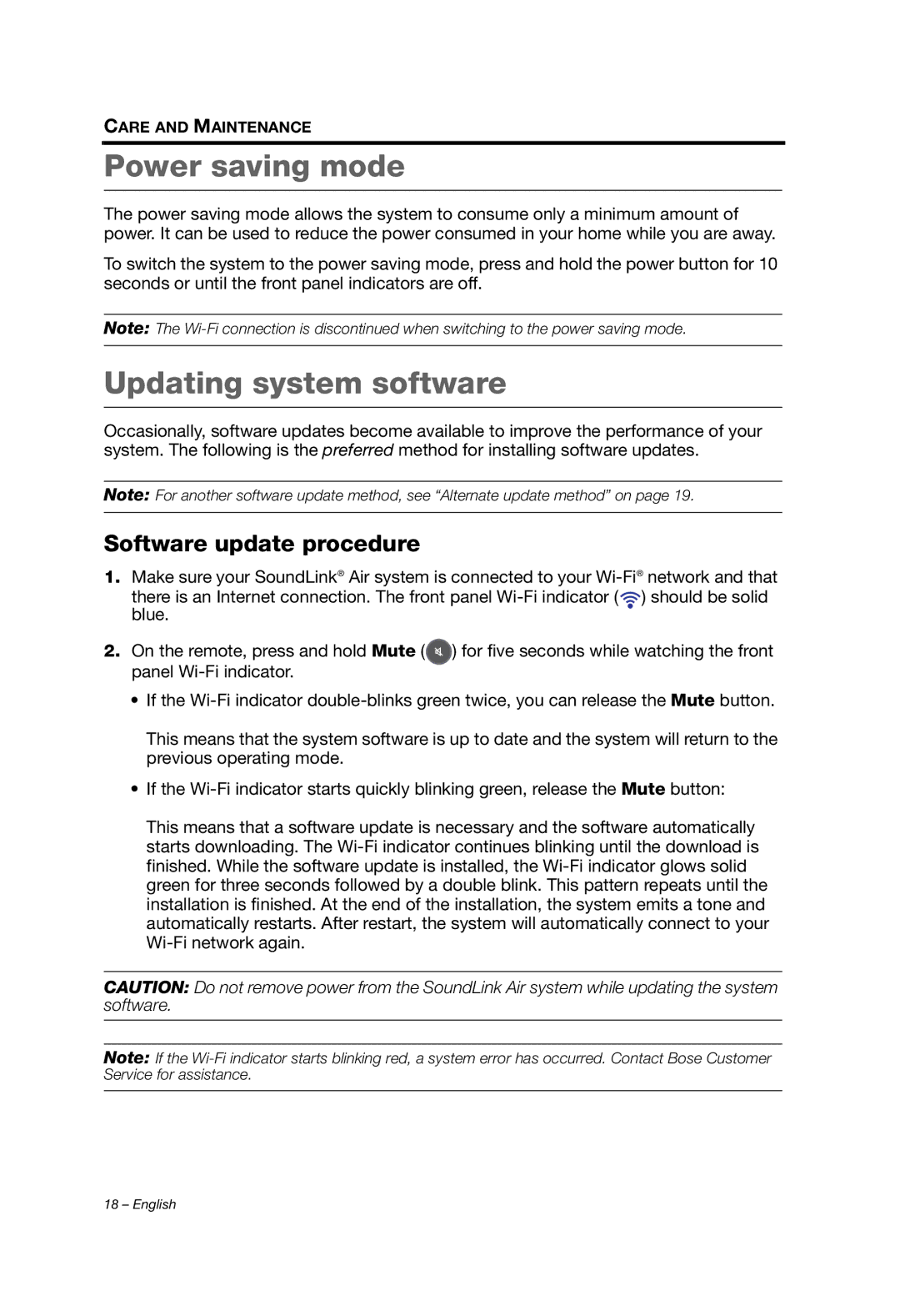 Bose SOUNDLINK AIR manual Power saving mode, Updating system software, Software update procedure 