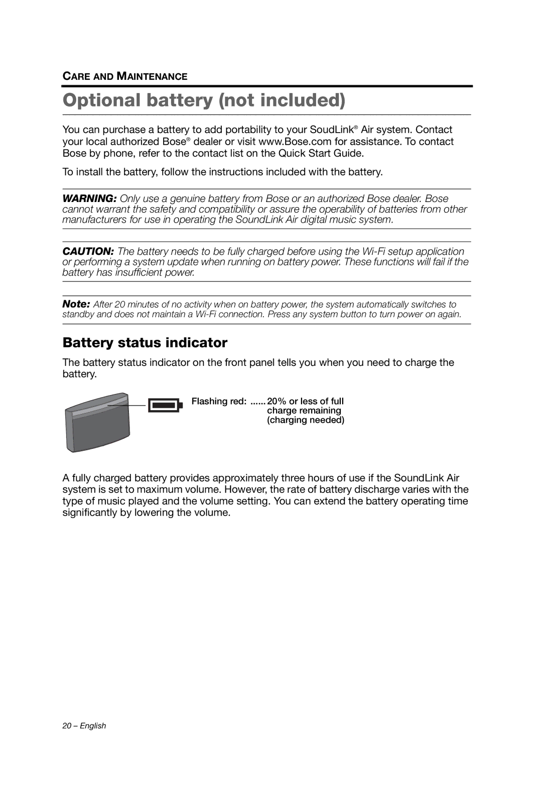 Bose SOUNDLINK AIR manual Optional battery not included, Battery status indicator 