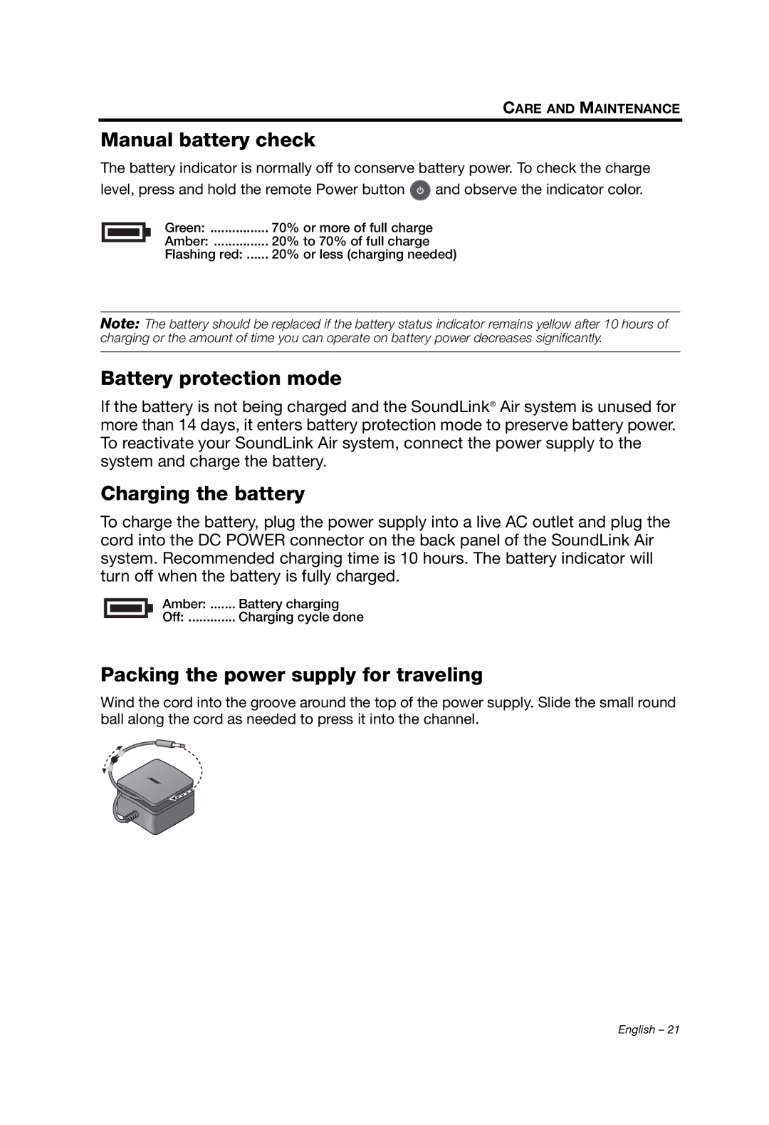 Bose SOUNDLINK AIR manual Manual battery check, Battery protection mode, Charging the battery 