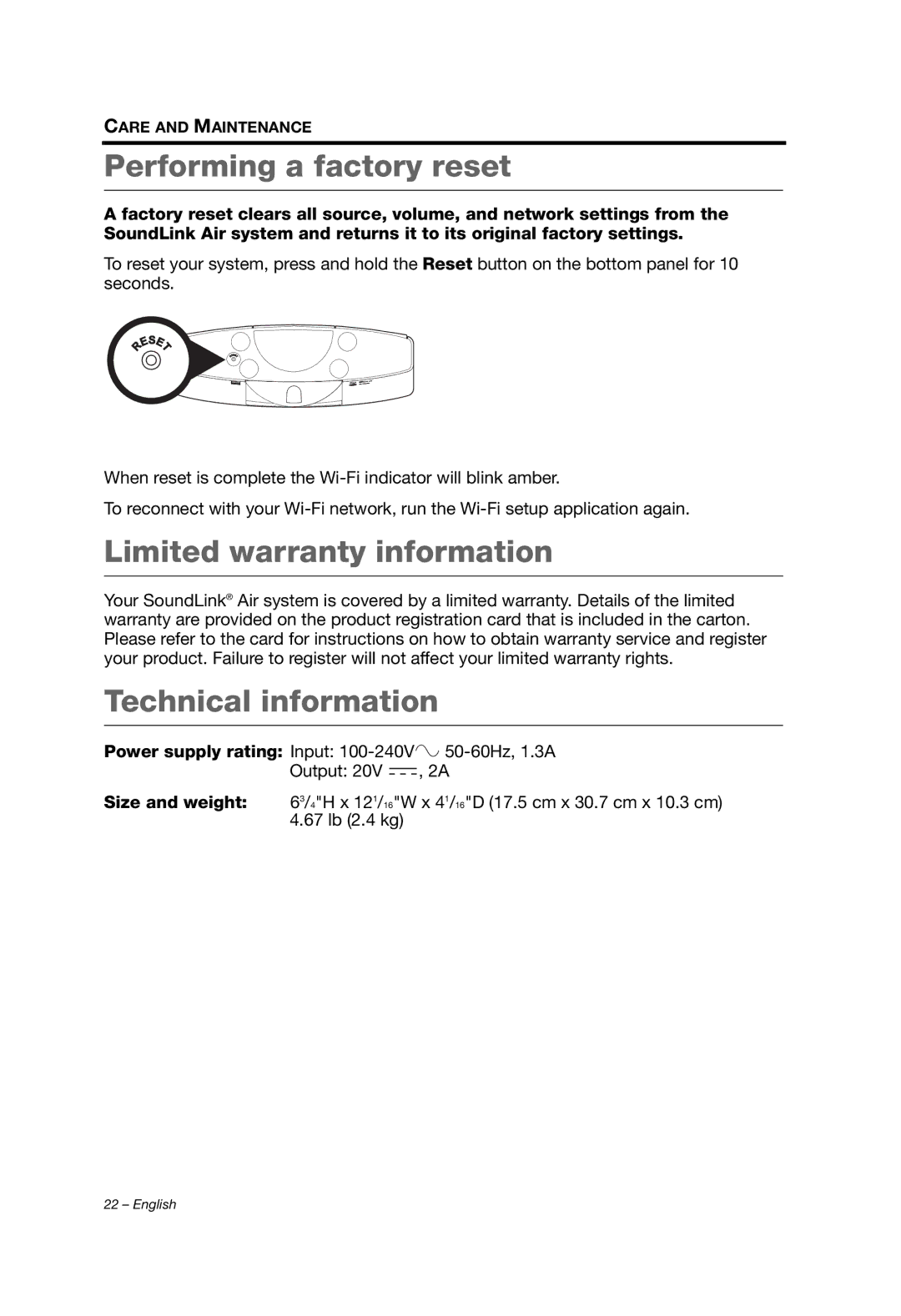 Bose SOUNDLINK AIR manual Performing a factory reset, Limited warranty information, Technical information 