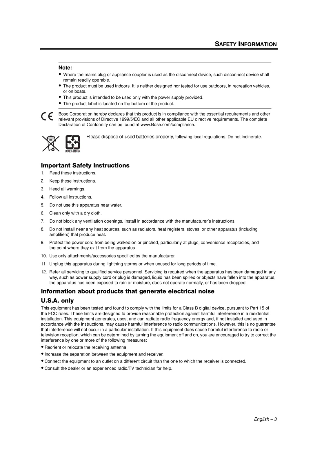 Bose SOUNDLINK AIR manual Important Safety Instructions, Safety Information 