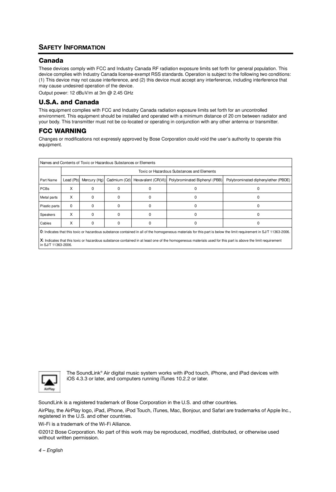 Bose SOUNDLINK AIR manual A. and Canada 