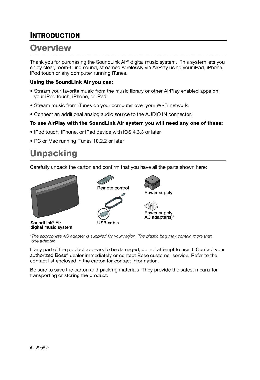 Bose SOUNDLINK AIR manual Overview, Unpacking, Using the SoundLink Air you can 