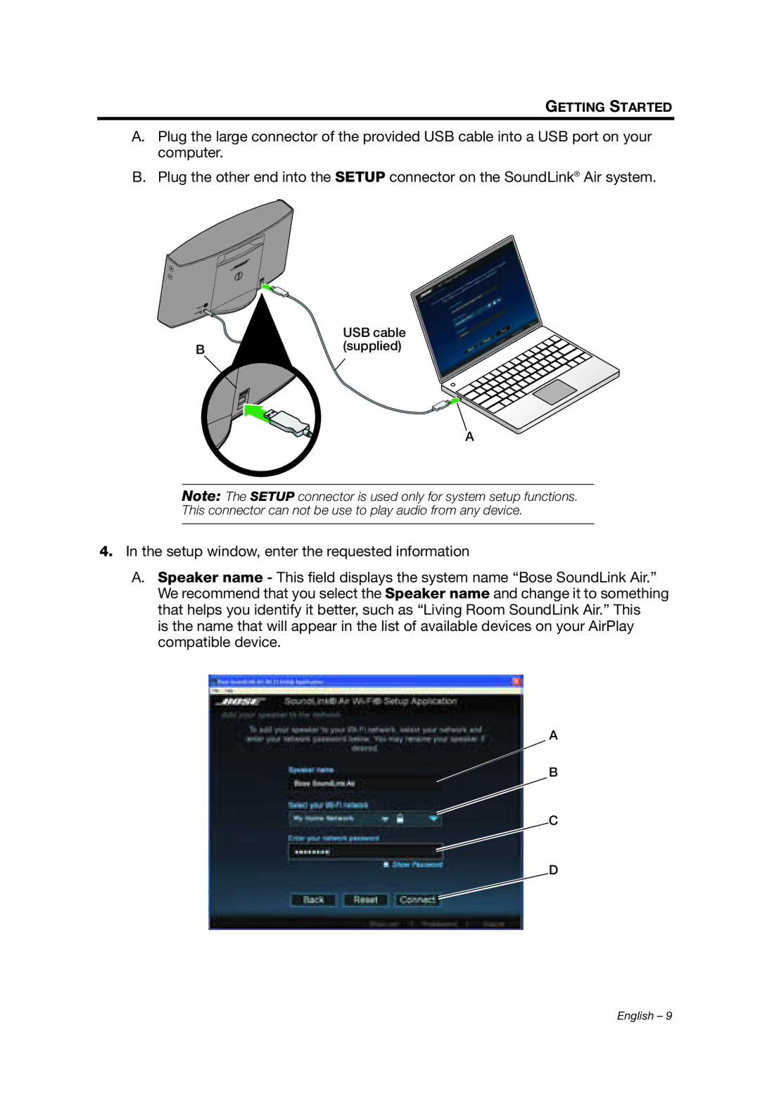 Bose SOUNDLINK AIR manual Setup window, enter the requested information 