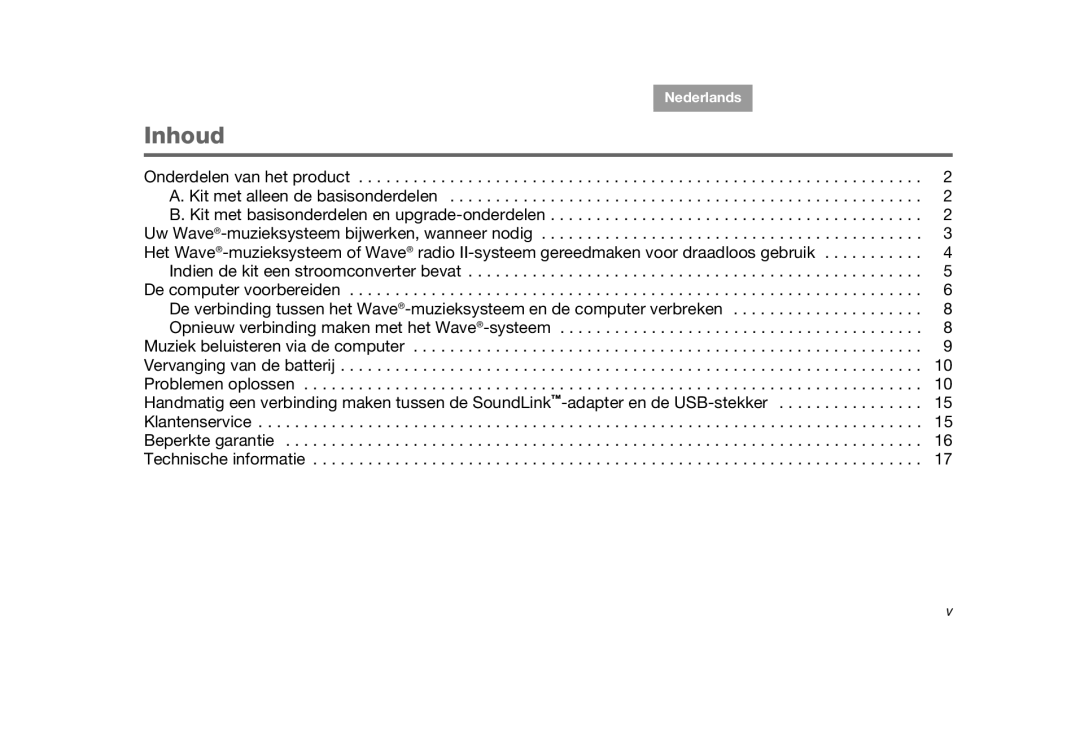 Bose SoundLink manual Inhoud, Tab 2, Tab 3, Tab 4, Tab 5, Nederlands, Tab 7 