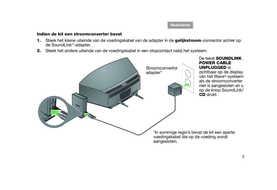 Bose SoundLink manual Indien de kit een stroomconverter bevat 