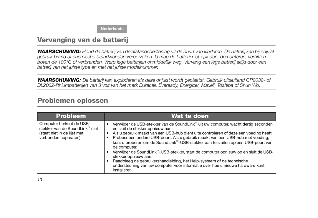 Bose SoundLink manual Vervanging van de batterij, Problemen oplossen, Probleem, Wat te doen, Nederlands, Tab 5, Tab 4, Tab2 