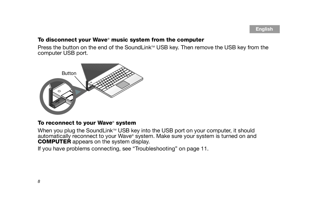 Bose SoundLink manual To reconnect to your Wave system, Button 