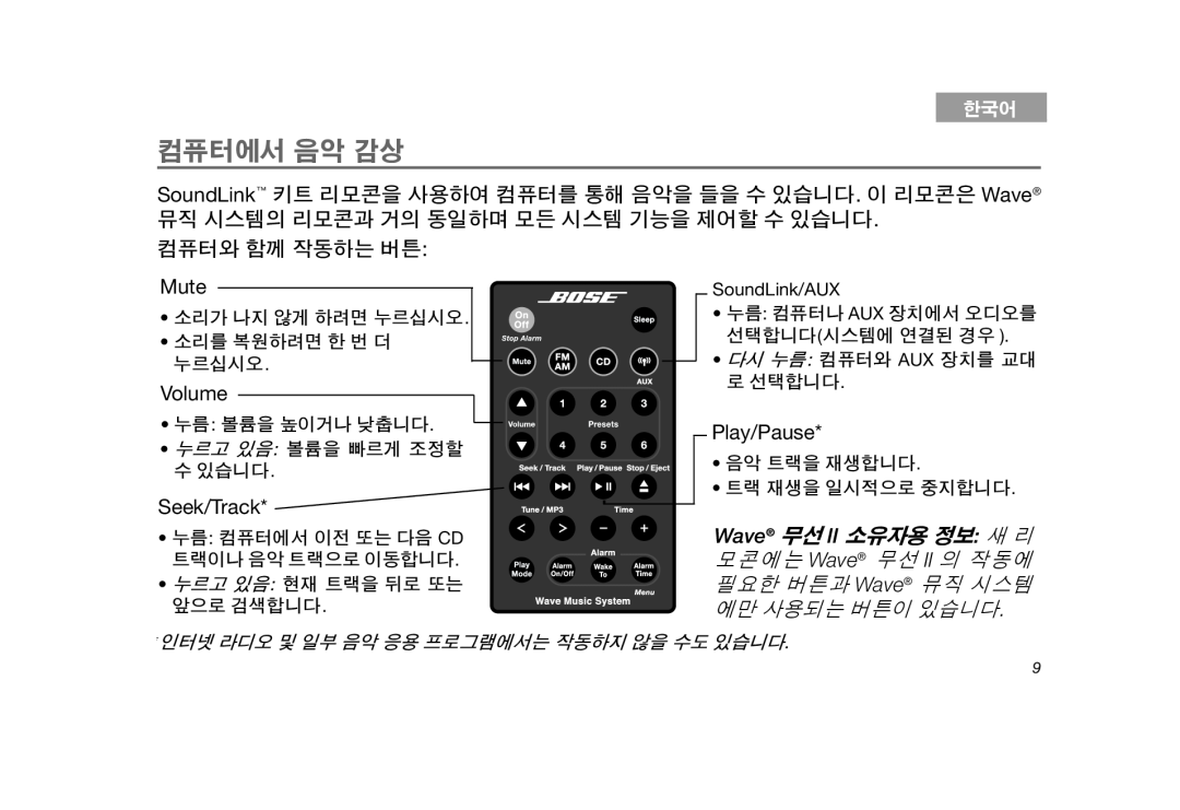 Bose SoundLink manual 컴퓨터에서 음악 감상, 컴퓨터와 함께 작동하는 버튼, Tab 7, 인터넷 라디오 및 일부 음악 응용 프로그램에서는 작동하지 않을 수도 있습니다 