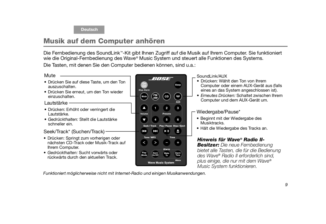 Bose SoundLink manual Musik auf dem Computer anhören, Deutsch, Tab 3, Tab 5, Tab 7 