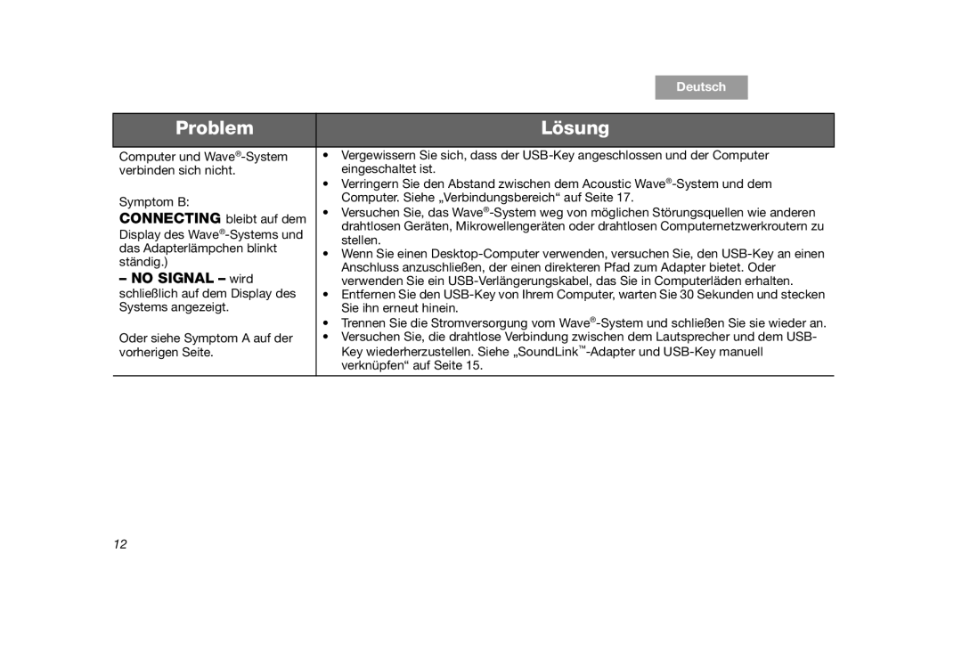 Bose SoundLink manual Problem, Lösung, NO SIGNAL – wird, Deutsch 
