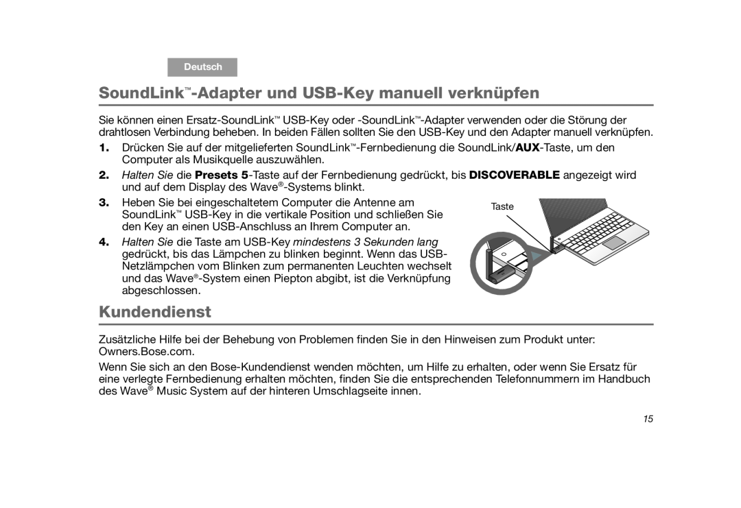 Bose manual SoundLink-Adapterund USB-Keymanuell verknüpfen, Kundendienst, Taste 