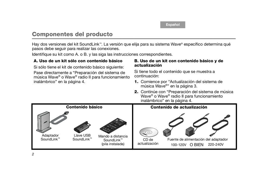 Bose SoundLink manual Componentes del producto, A. Uso de un kit sólo con contenido básico, Contenido básico 