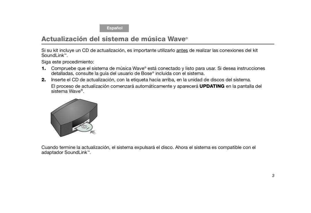 Bose SoundLink manual Actualización del sistema de música Wave 