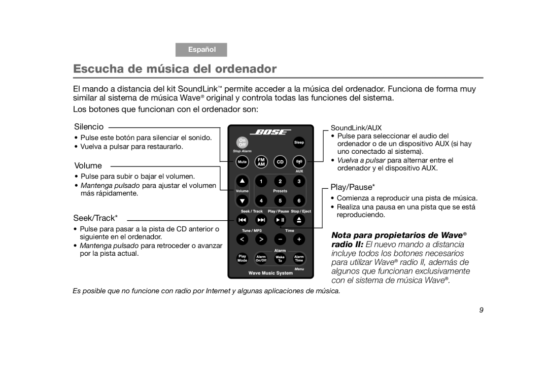 Bose SoundLink manual Escucha de música del ordenador, Español, Tab 4, Tab 5, Tab 7, Tab 8 