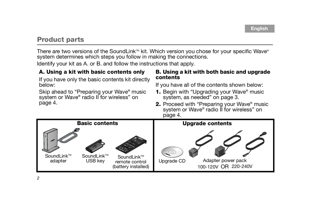 Bose SoundLink manual Product parts, A. Using a kit with basic contents only, Basic contents, Upgrade contents 
