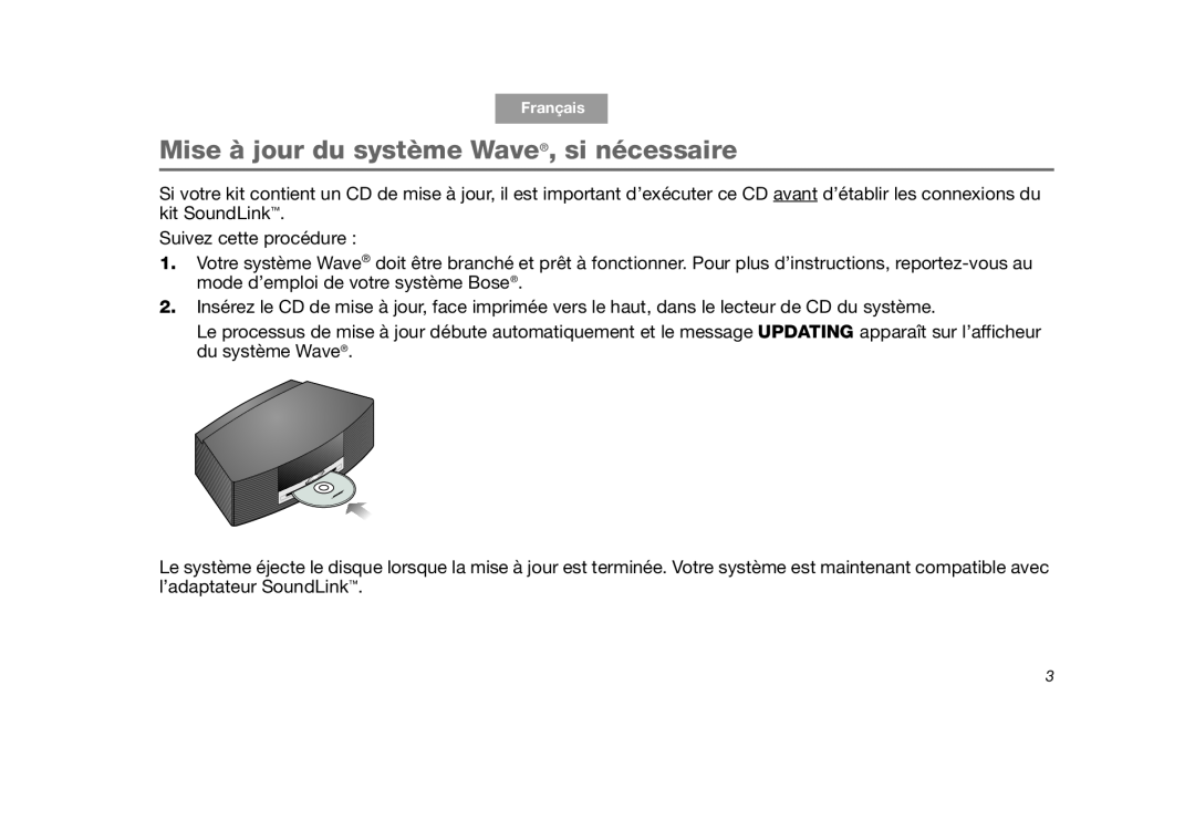 Bose SoundLink manual Mise à jour du système Wave, si nécessaire 