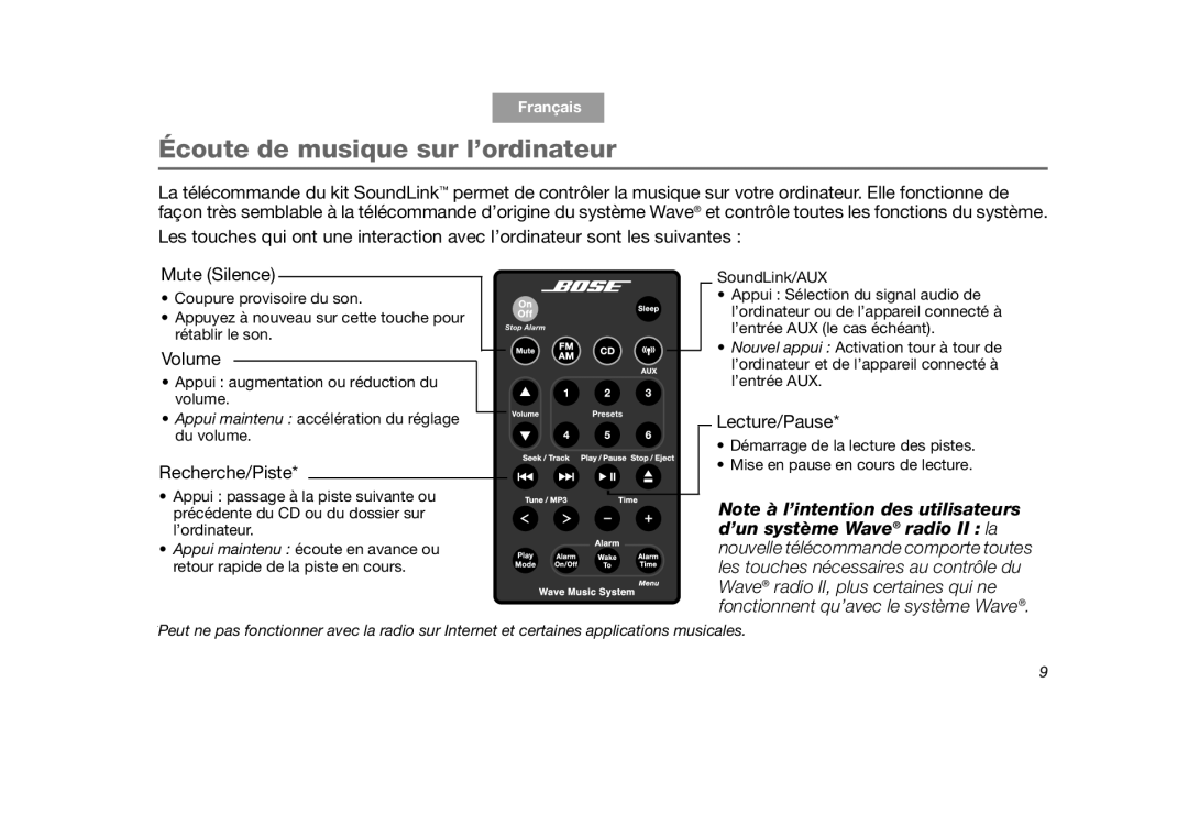 Bose SoundLink manual Écoute de musique sur l’ordinateur, Français, Tab 5, Tab 7, Tab 8 