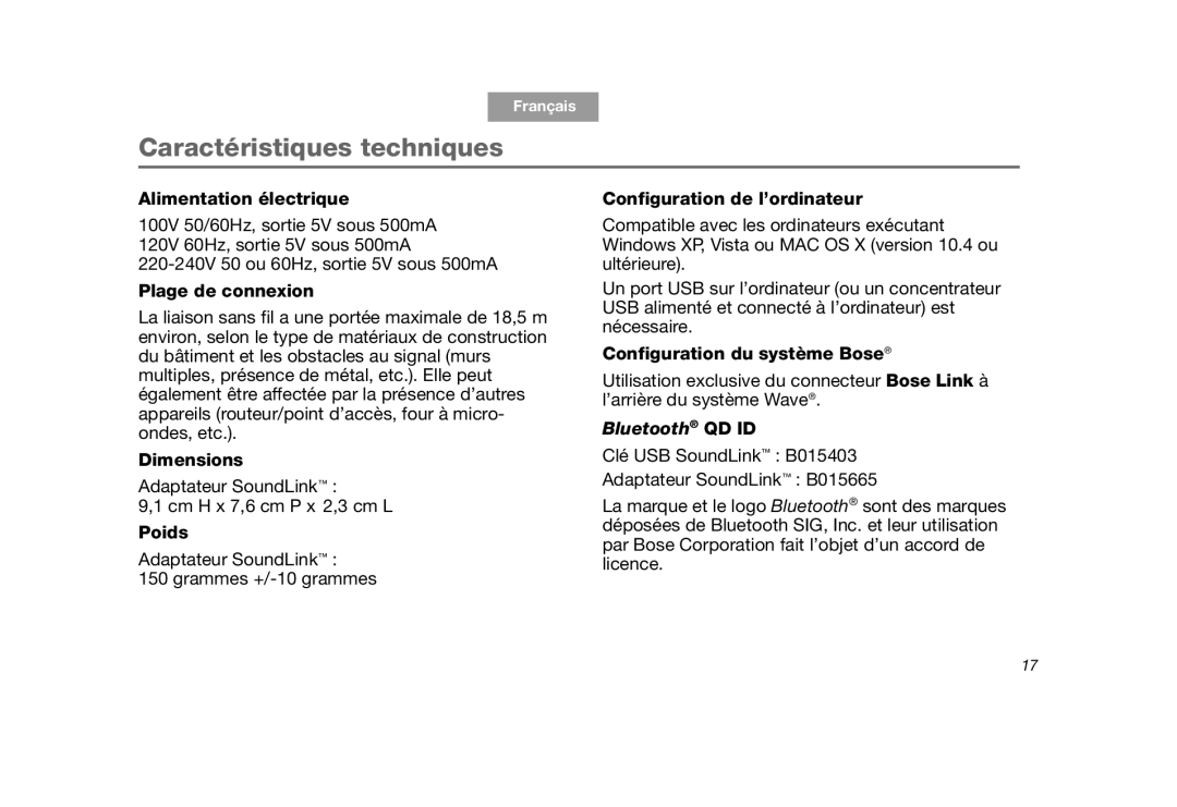 Bose SoundLink manual Caractéristiques techniques, Alimentation électrique, Plage de connexion, Dimensions, Poids 