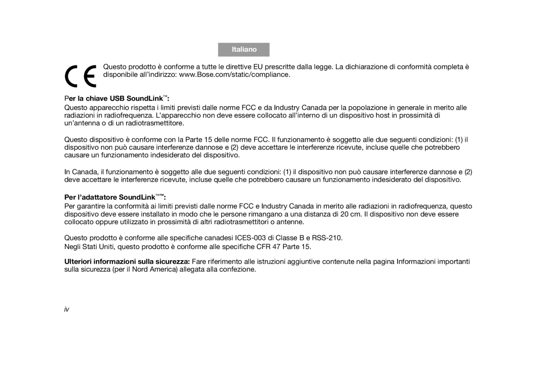 Bose manual Italiano, Tab2, English, Per la chiave USB SoundLink, Per l’adattatore SoundLink 