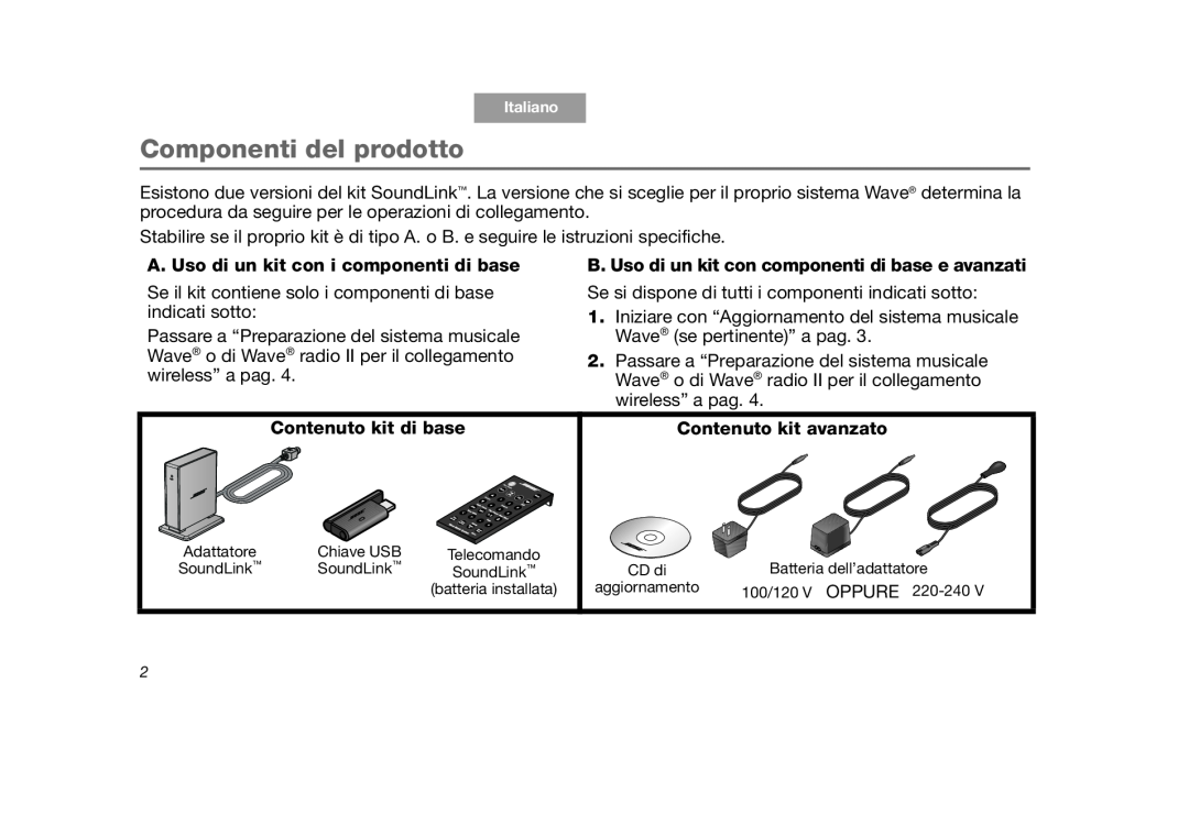 Bose SoundLink manual Componenti del prodotto, A. Uso di un kit con i componenti di base, Contenuto kit di base 