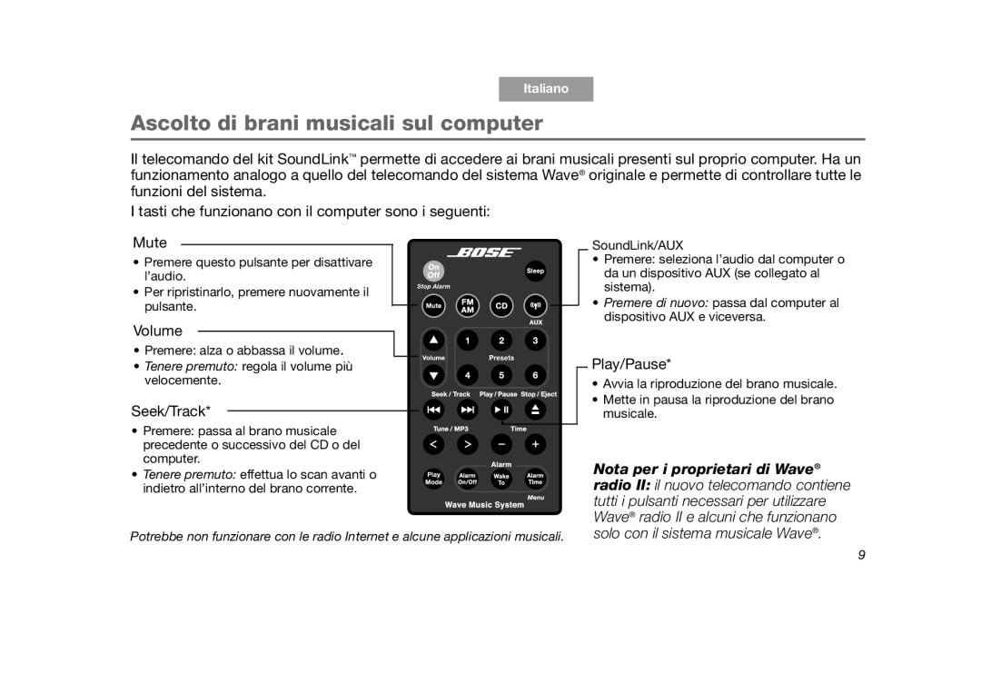 Bose SoundLink manual Ascolto di brani musicali sul computer, Mute, Volume, Seek/Track, Play/Pause, Italiano, Tab 8 