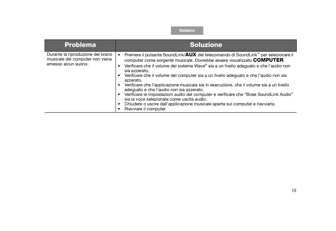Bose SoundLink manual Problema, Soluzione, Italiano, Tab 7, Tab 8 