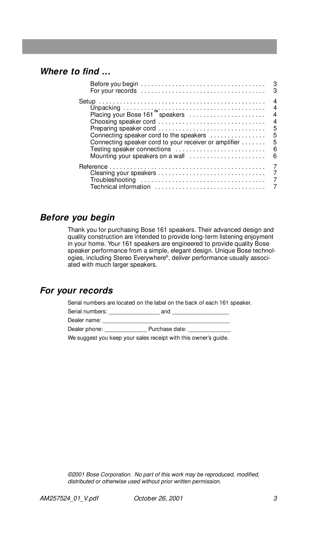 Bose Speakers manual Where to ﬁnd …, Before you begin, For your records 