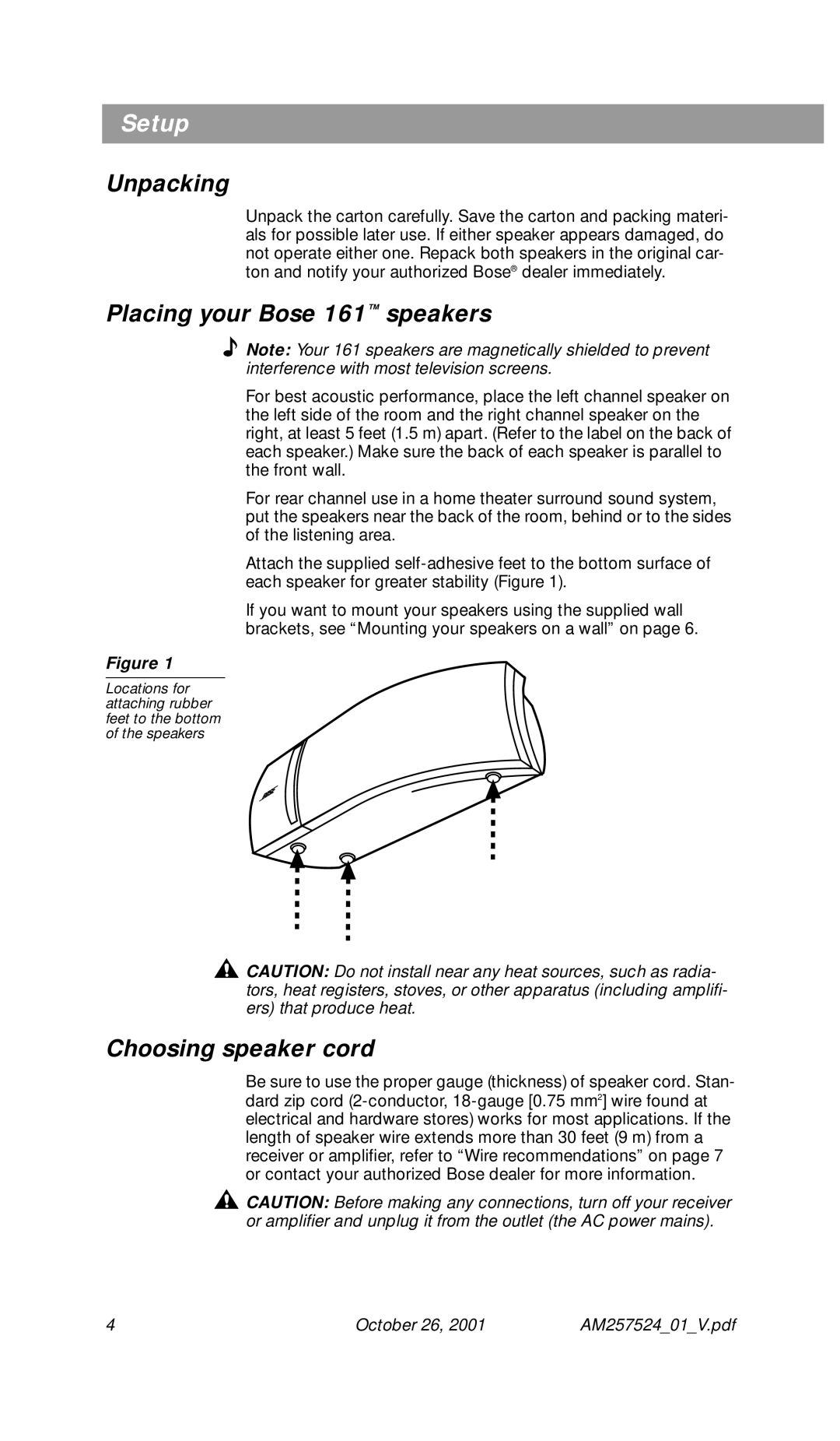 Bose Speakers manual Unpacking, Placing your Bose 161 speakers, Choosing speaker cord 