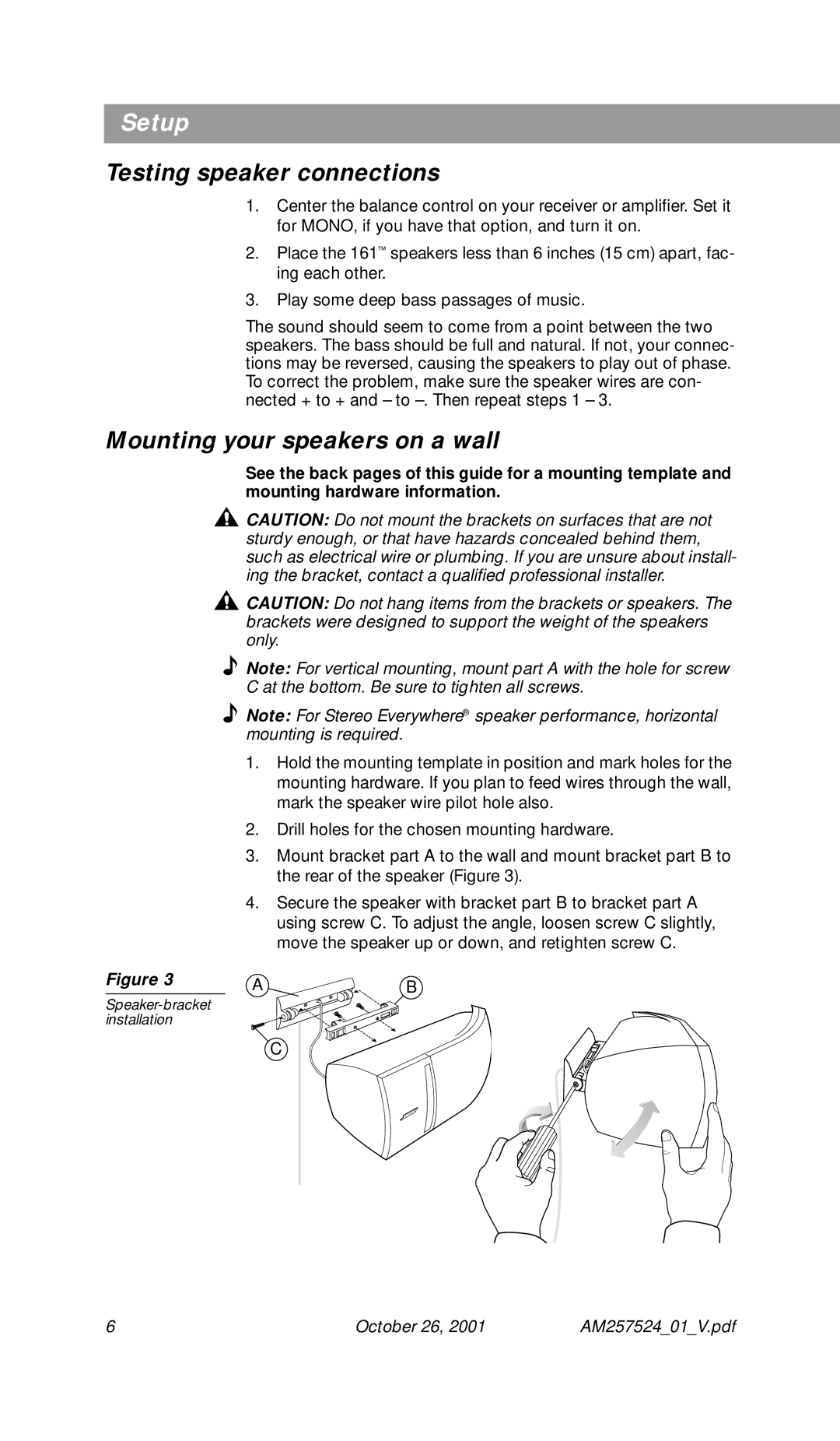 Bose Speakers manual Testing speaker connections, Mounting your speakers on a wall 