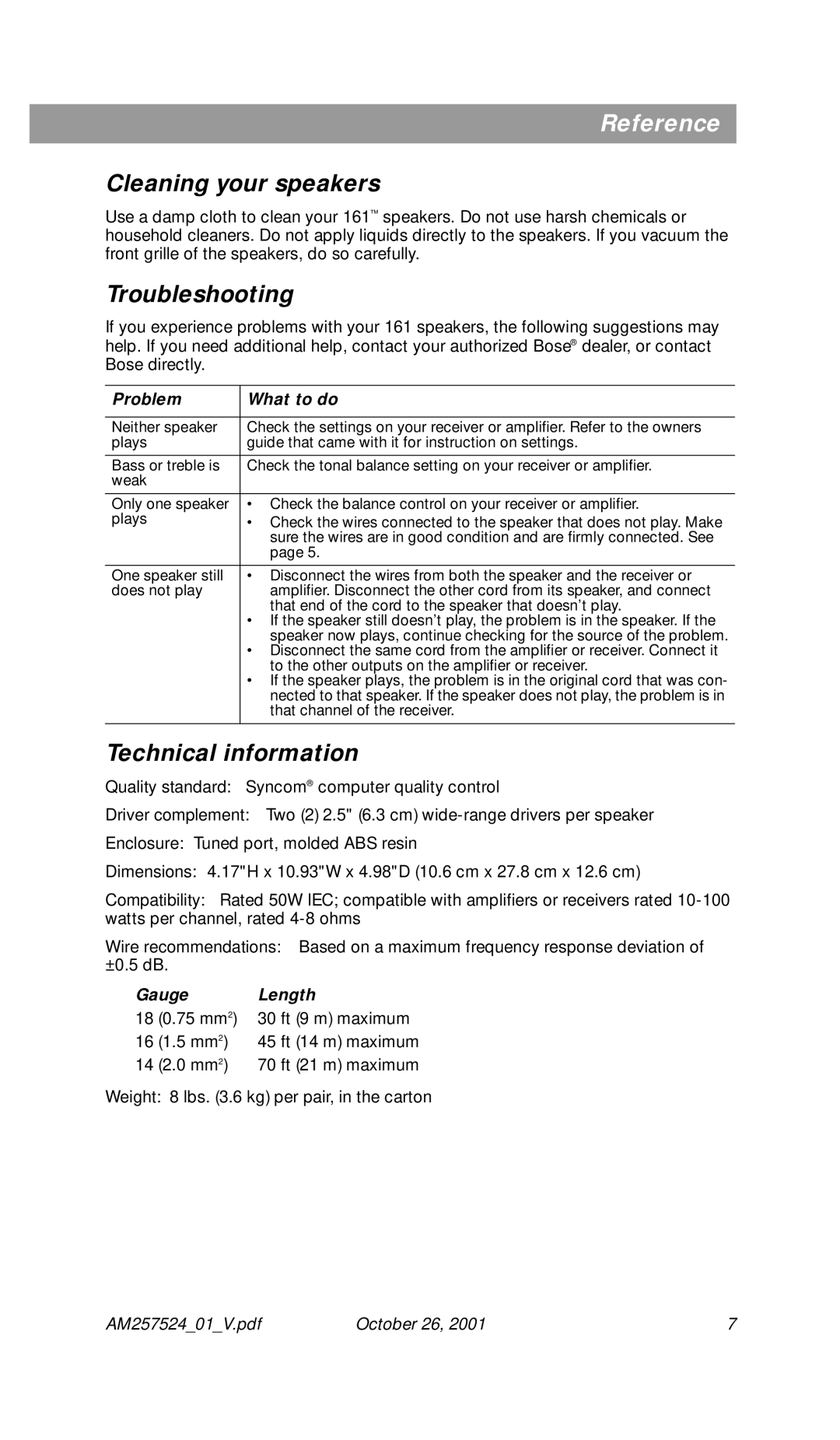 Bose Speakers manual Cleaning your speakers, Troubleshooting, Technical information 