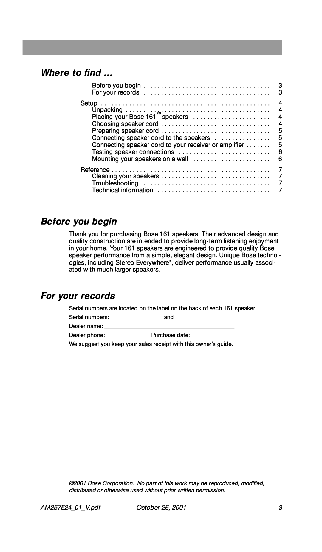 Bose Speakers manual Where to ﬁnd …, Before you begin, For your records, October 